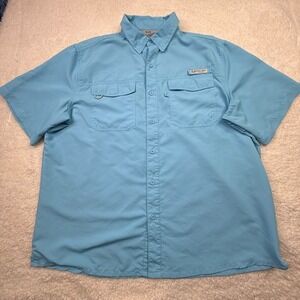 REAL TREE FISHING Mens XL Blue Short Sleeve Button Up Shirt UPF Sun Protection